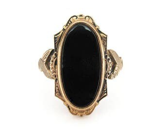 Clark and Coombs 10K Gold Filled Ring, Onyx Stone, Victorian Revival, Vintage Ring, Size 6.75