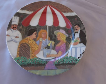 Collectors Plate - Guy Buffet signed Salad Plate entitled De'jeune Provencale Three prople at umbrella table with chef and waiter