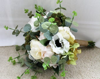 White, Light Pink, Cream Color Silk Flower Bouquet, Bridal, Floral, Wedding, Faux, Rose, Hydrangea, Peony, Eucalyptus,Elegant,Vintage,Rustic