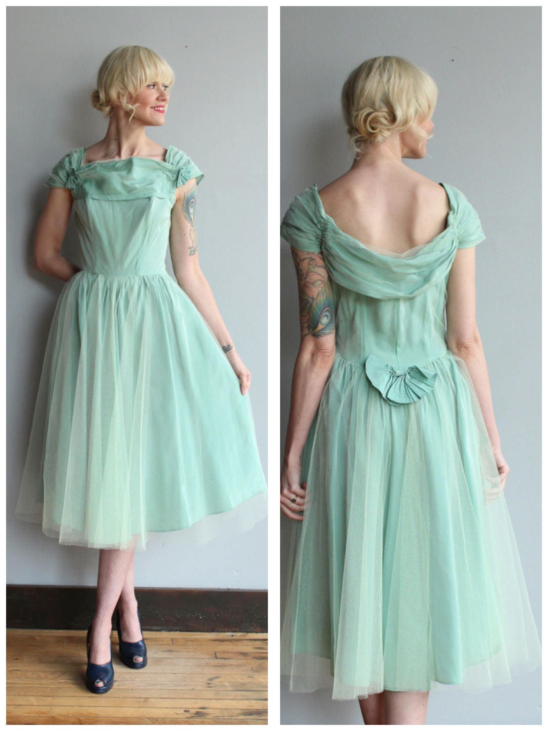 1940s Dress // Sea Glass Tulle Party Dress // vintage 40s