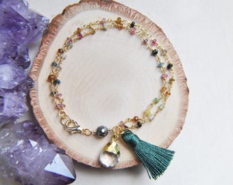 Tourmaline Earrings, Tourmaline Bracelet, Rainbow Tourmaline, Tassel Earrings, Tassel Bracelet, Green Jewelry, Green Tassel, Quartz Bracelet