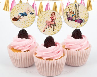 Bachelorette Cupcake Toppers - Pin Up Girl - Lingerie Shower - 2inches - Instant Download