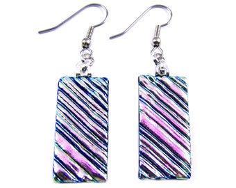 Dichroic Glass Dangle Earrings Soft Pink Ripples with Green Highlights Wavy Fused Glass - Surgical Steel French Wire or Clip On