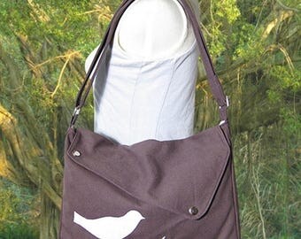 On Sale 20% off Brown cotton canvas bird messenger / shoulder bag / messenger bag / diaper bag / cross body bag