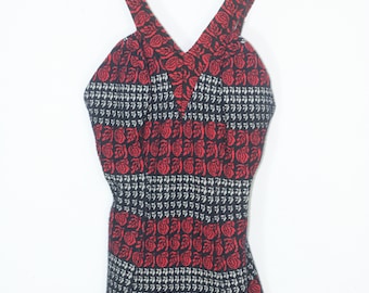Vintage 60s 70s Knit Bathing Suit Roses One Piece Maillot Swimwear Swimsuit