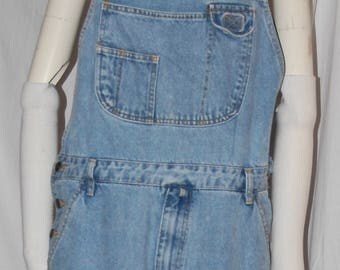 vintage 80s denim overalls, bib front, y back, light blue jeans, coveralls, large vintage, rivet buttons, big pockets, cotton denim
