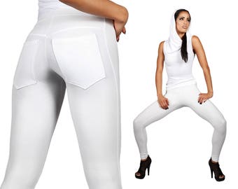 White Jeans Back Leggings, Matte Leather Spandex Pants, Glam Rock Stage Clothing, Meggings w. Pockets, 80s Heavy Metal Star, by LENA QUIST
