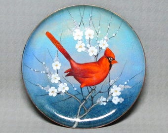 Nekrassoff enamel on copper decorated with cardinal / bird