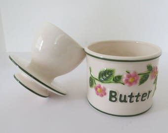 Vintage French BUTTER Dish BEURRE Butter BELL Crock - White with Pink Raised Flowers - Keeps Butter Fresh - Kitchen Decor - Collectible
