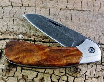 Pocket Knife with Wood Handle - Figured Walnut Wooden Handle - Wood Pocket Knife - Hunting Knife - Folder Knife - Stonewashed Blade