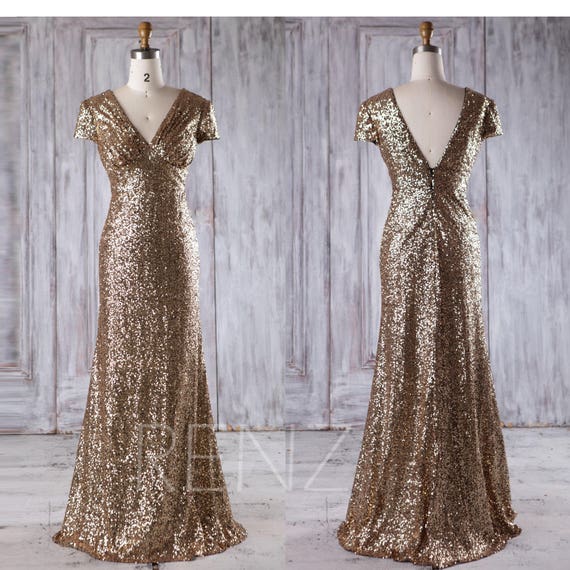 2017 Gold Sequin Bridesmaid Dress Cap Sleeve Wedding Dress