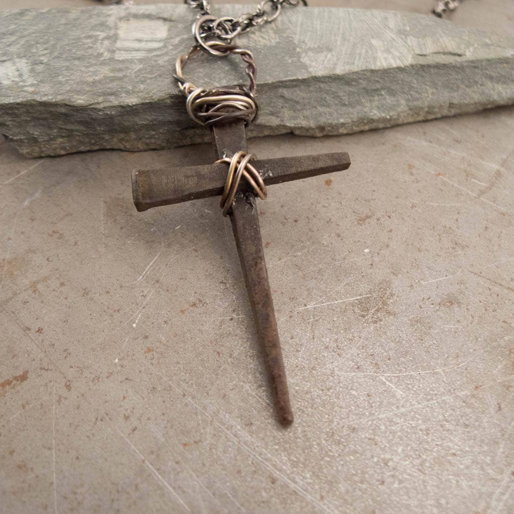 Rustic Medieval Rusty Nails Christian Cross Pendant Necklace
