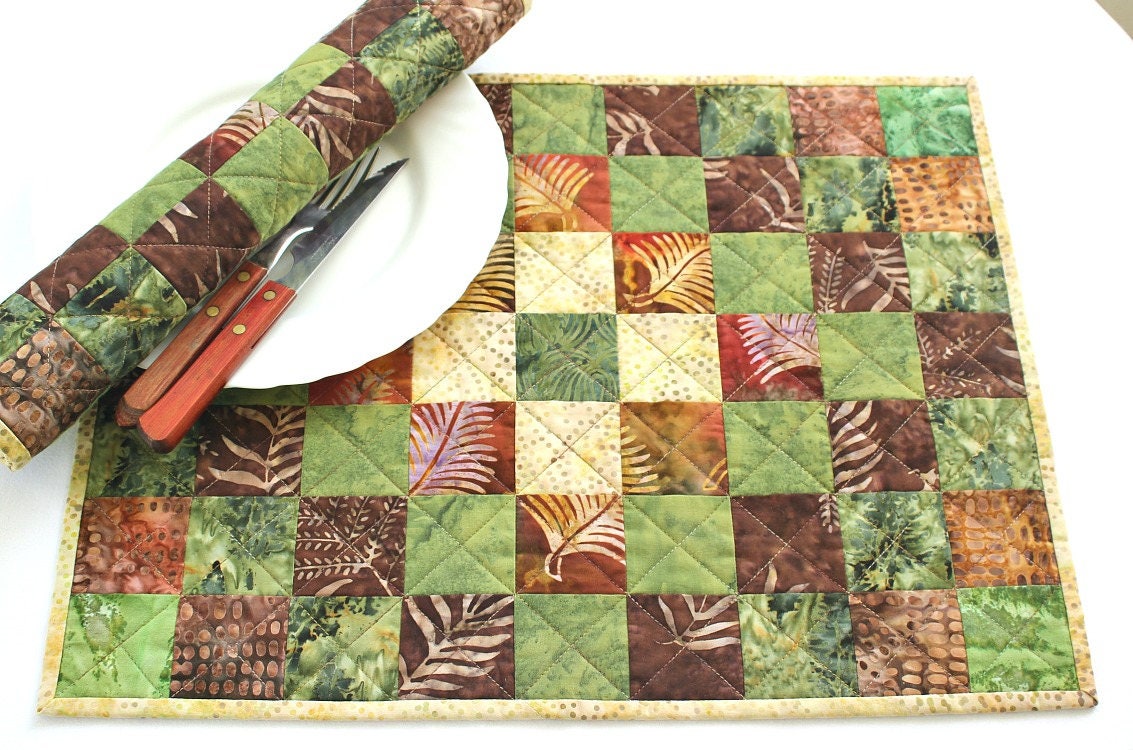 Quilted Batik Placemats Brown Green Place Mats Fall Table