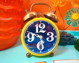 Vintage 1970s MID Century Modern Yellow Blue MOD Retro Metal Florn West Germany Alarm Clock
