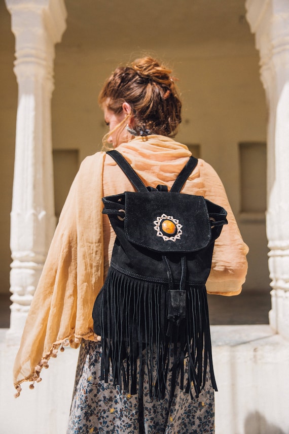 RUBY SPARROW RUCKSACK - Black Vintage Backpack- Tassel bag- Fringe Rucksack- Fringe Bag- Festival Rucksack- Boho- Leather Bag- Crystal