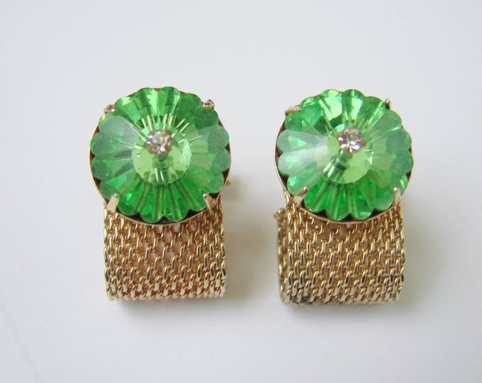 1960s Mid Century Green Rivoli Rhinestone Mesh Wrap Cufflinks / Retro Mens Jewelry / Suit Accessories