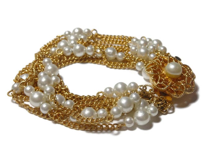 FREE SHIPPING Multi strand pearl bracelet, faux pearl and gold chain bracelet, decorative box clasp center, 11 strand