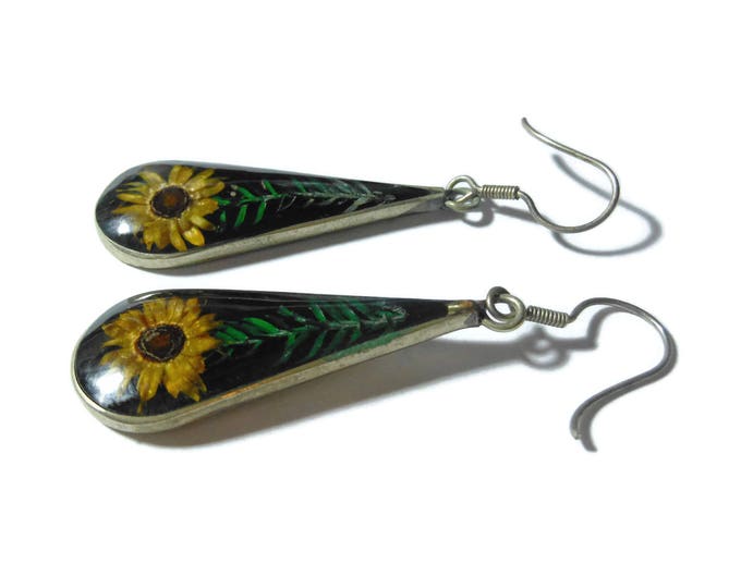 FREE SHIPPING Mexican pressed flower earrings, yellow dried flower in glass teardrop shaped marked Mexico french hoops nickle silver floral