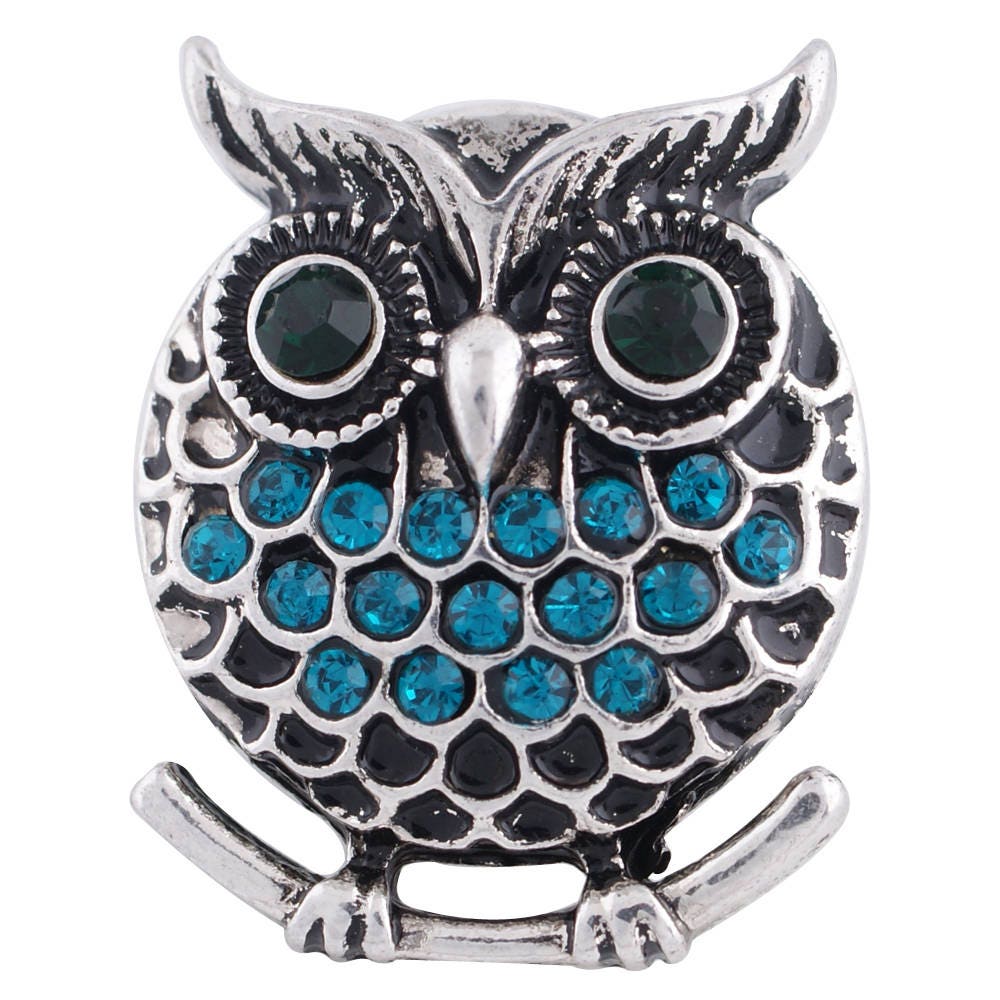 1 PC 18MM Blue Owl Bird Rhinestones Silver Charm For Snap