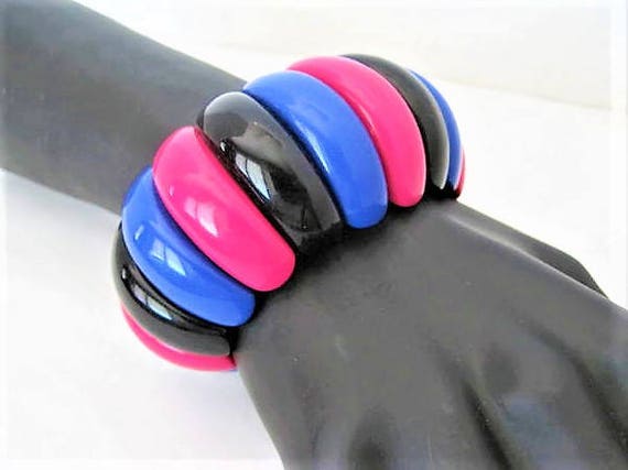 Black Pink Bangle - Wide Layered - Stretch Bracelet