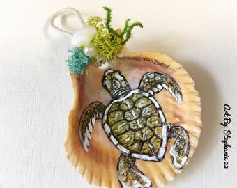 Original handpainted baby sea turtle seashell art