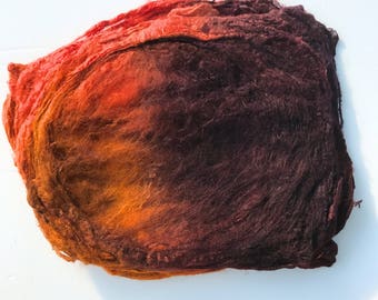 Hand Dyed Silk Fiber Mawata Silk Hankies for Felting, Spinning, Knitting. BROWN, ORANGE and GOLD.