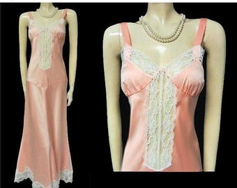 SALE Vintage Satin Lace Bias Cut Nightgown Southern Peach 60s nightgown designer nightgown vintage nightgown satin nightgown bridal nightgow