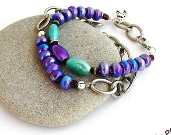 Woman bracelet - Purple/Turquoise - ceramic, chain and titanium - 2 bracelets