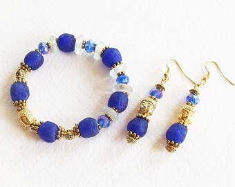 Parure Zen - Le Bouddha Soleil d'Or - Bracelet et Boucles d'Oreilles - Perles Pâte de Verre, Métal Argenté - Bijoux créateur, pièce unique