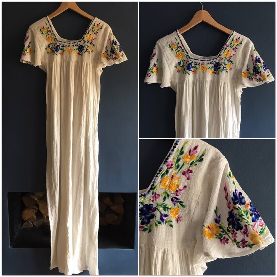 70s Embroidered Indian Cheesecloth Maxi Dress S