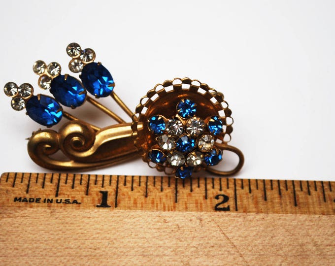 Blue Rhinestone flower Brooch - Gold Plated Floral - Mid century Pin