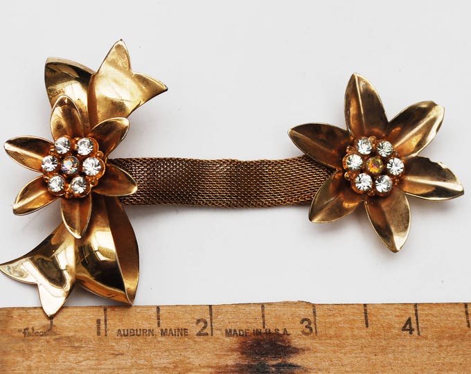 Gold Flower Dangle Brooch - Gold Mesh - AB Rhinestone - Ribbon -Mid Century floral Pin