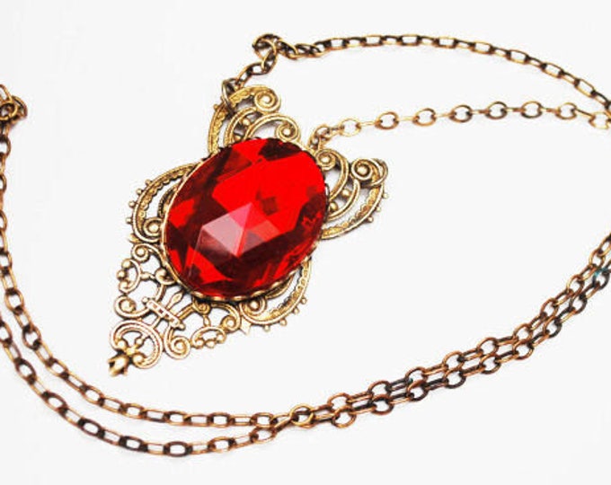 Glass Brass Pendant necklace - Red Art glass - Gold brass chain - Victorian revival ornate gold - 30 inches long