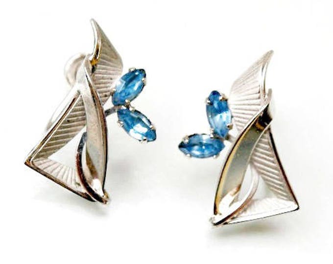 Sterling Earrings - Blue Rhinestone - Silver - screw back earrings