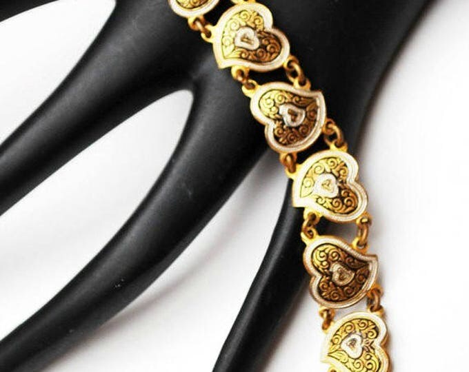 Damascene Heart Link Bracelet - Golden brass Black fwhite enamel - bangle