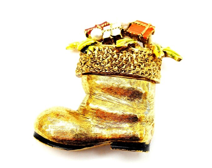 Christmas Stocking Brooch - Art Mode signed - gold boot- enamel presents -pearl - Holiday pin