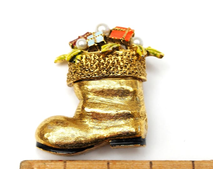 Christmas Stocking Brooch - Art Mode signed - gold boot- enamel presents -pearl - Holiday pin