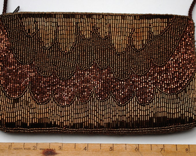 Brown Carla Marchi Beaded Evening Bag - Brass Clutch purse - Seguence