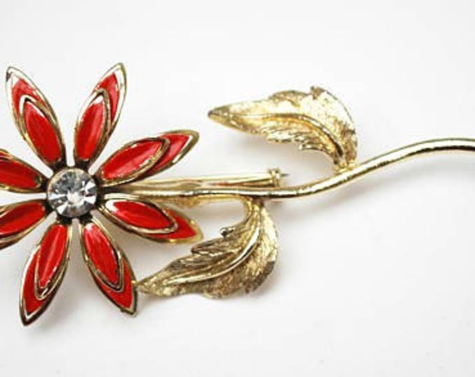 Enamel Flower Brooch earring set - orange red gold metal - Clear Rhinestone - Mid Century