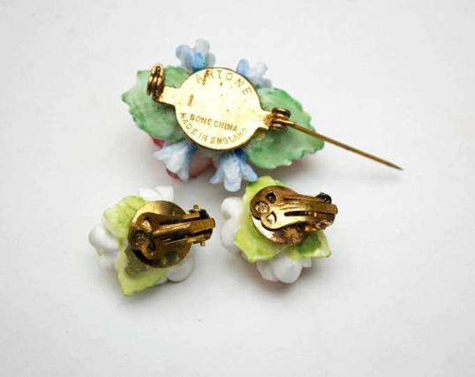 Artone Flower Brooch earring set - Bone China - Pink Blue ceramic -Made in England - Floral pin - Clip on earrings