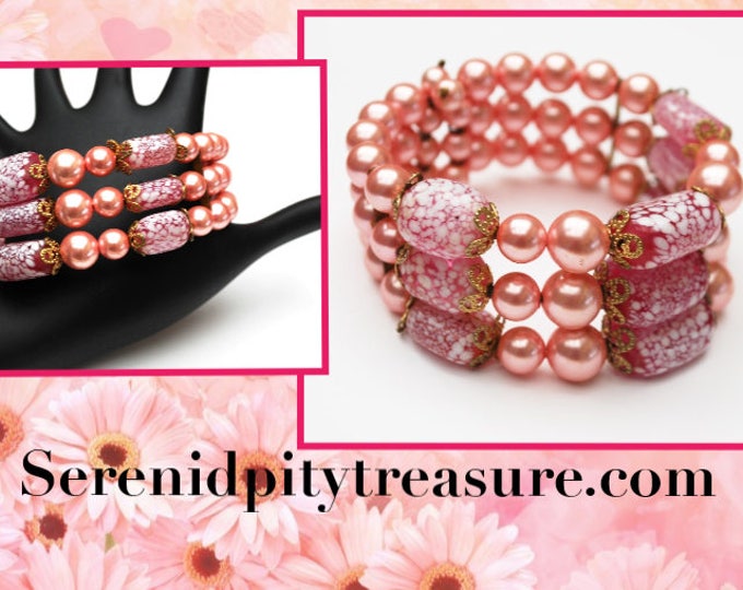 Pink Bead Cuff Bracelet - melatic pink - artglass beads - wire - bangle