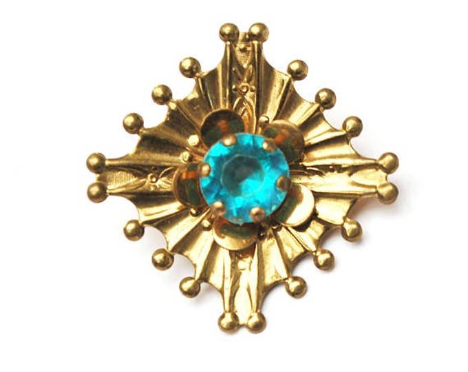 Atomic Brooch pendant - gold plated -Aqua blue Rhinestone - Mid Century pin