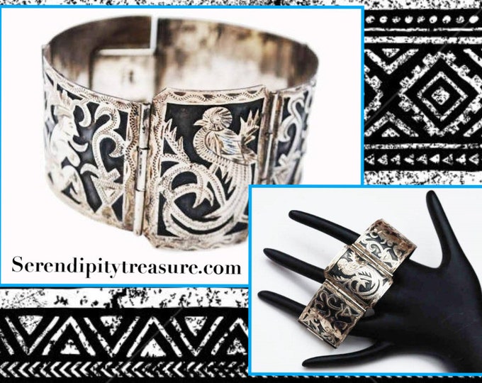 900 Silver Tribal Panel Bracelet - Wide Story link Bangle - Bird -south American - Black oxidation - Silver overlay