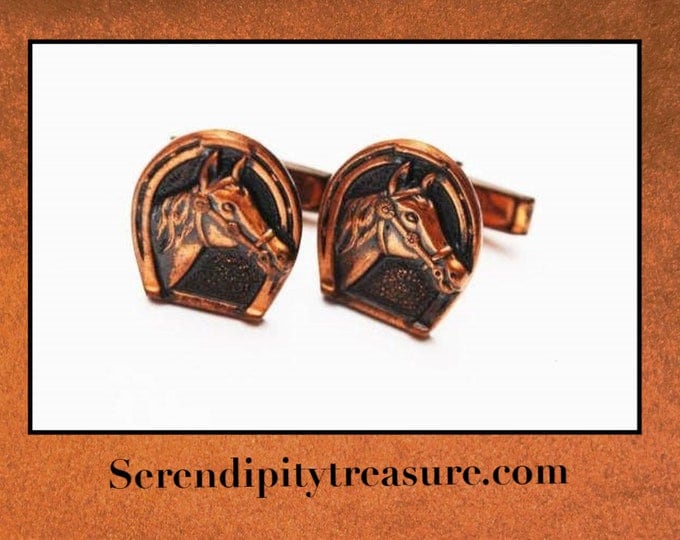 Horse cuff links - Copper Horse shoe and horse head - signed Pat Pend - vintage cufflinks