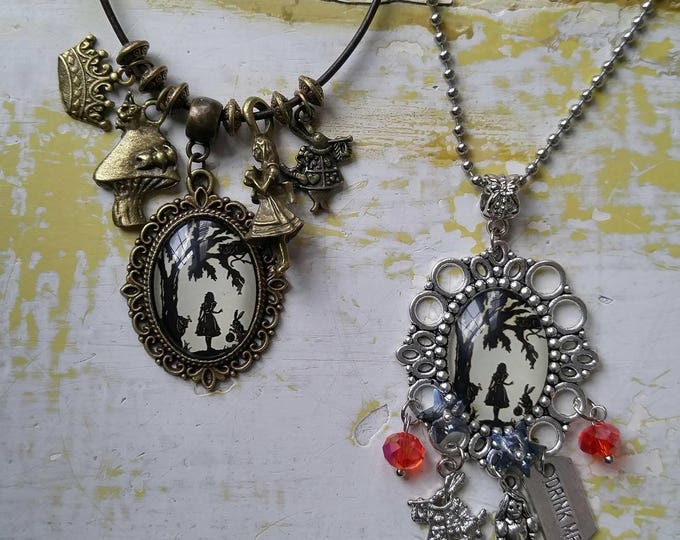 ALICE in WONDERLAND silver or bronze charm necklace Alice pendant silhouette Jewelry Alice Looking Glass Wonderland Charm Pendant #1R17
