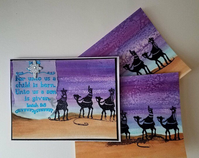 Watercolor Magi Christmas Card Isaiah 9:6 Handmade Set 10 Night Sky Star Purples Handpainted and Embossed, Blank Inside or Personalized