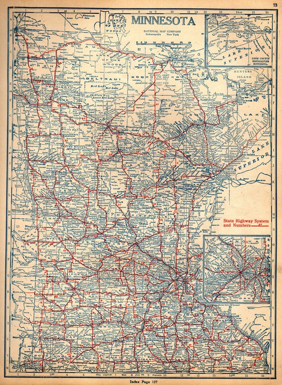 Antique MINNESOTA Map of Minnesota State Map 1920s Auto Trails