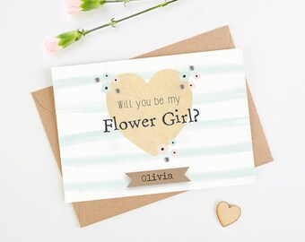 Will You Be My Flower Girl Card - Floral Watercolour Mint Stripe personalised