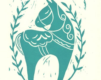 Little horse- Hand printed lionoleum block print- Scandinavian- modern-dala horse