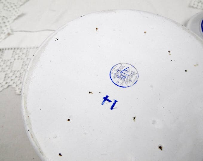 Large Antique French Lidded Sugar Canister with Handle, Made by E.P.G.O in France White Enamelware Pot with Lid and Blue Bands, Cookware Large Antique French Lidded Sugar Canister with Handle, Made by E.P.G.O in France White Enamelware Pot with Lid and Blue Bands, Cookware